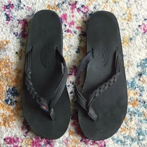 Black leather roped flip flops